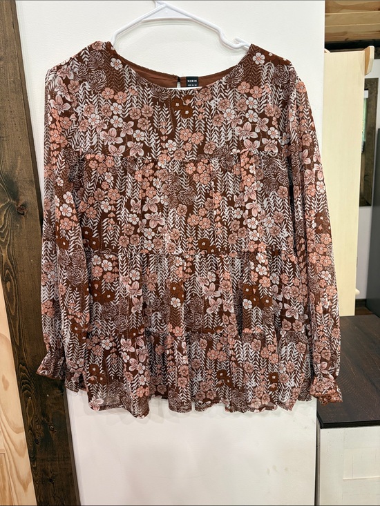 SHEIN Tops - SHEIN Brown and Pink Floral Tiered Peasant Blouse